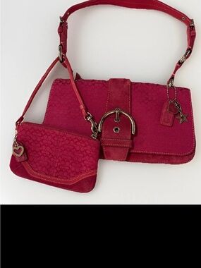 Coach Soho Shoulder Bag/Wristlet Set, Hot Pink Mini “C” Fabric, Leather, Suede